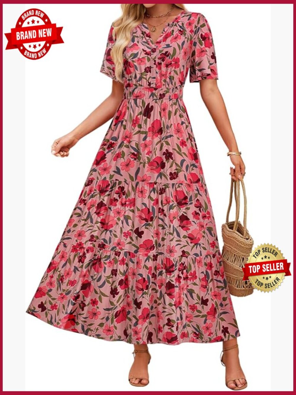 Women's Short Sleeve V Neck Floral Maxi Dress Boho Beach Vacation A-Line - Picture 1 of 7